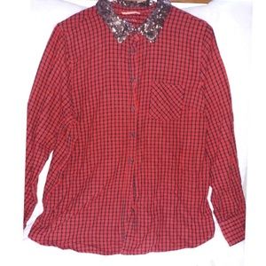 plaid and sequin button up
